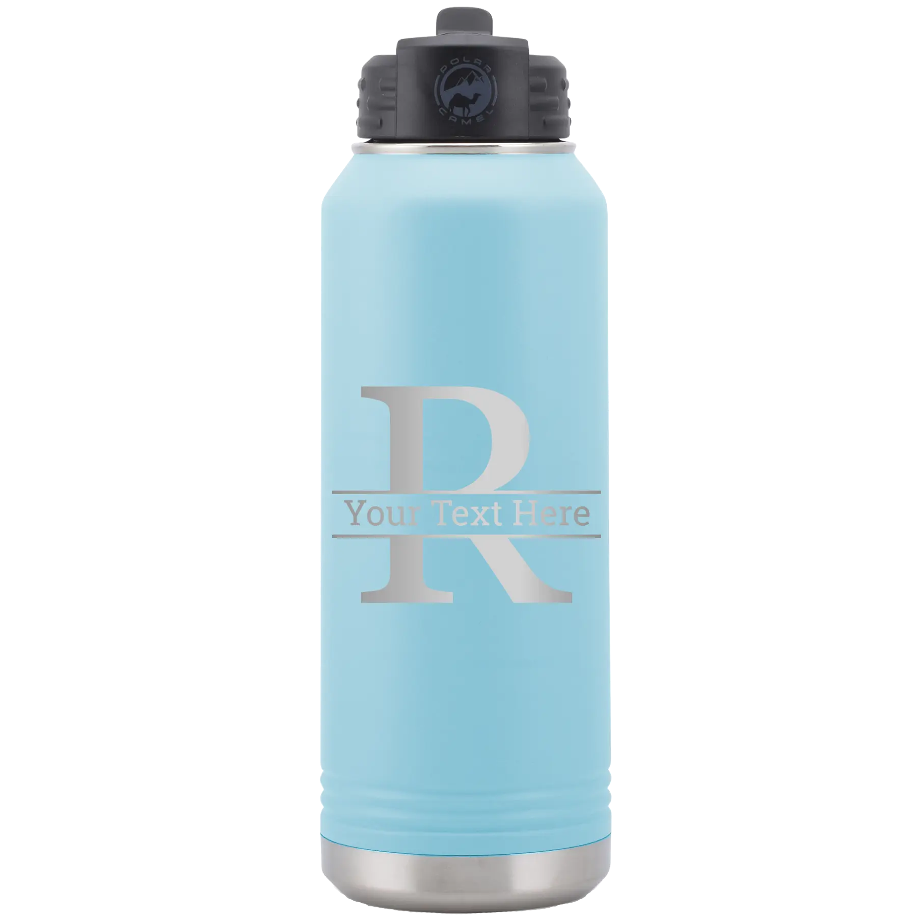 Personalized light blue 32 oz vacuum insulated water bottle with 'Monogram letter R' design
