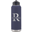 Personalized navy 32 oz vacuum insulated water bottle with 'Monogram letter R' design