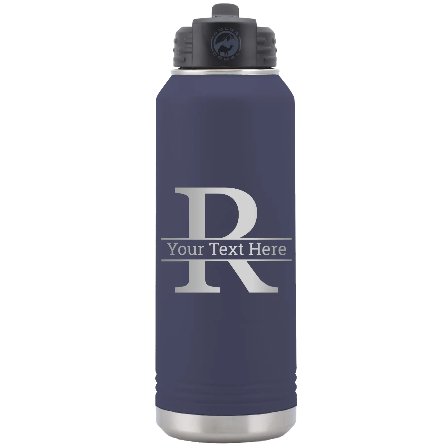 Personalized navy 32 oz vacuum insulated water bottle with 'Monogram letter R' design