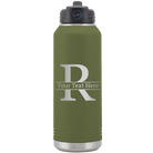 Personalized olive green 32 oz vacuum insulated water bottle with 'Monogram letter R' design