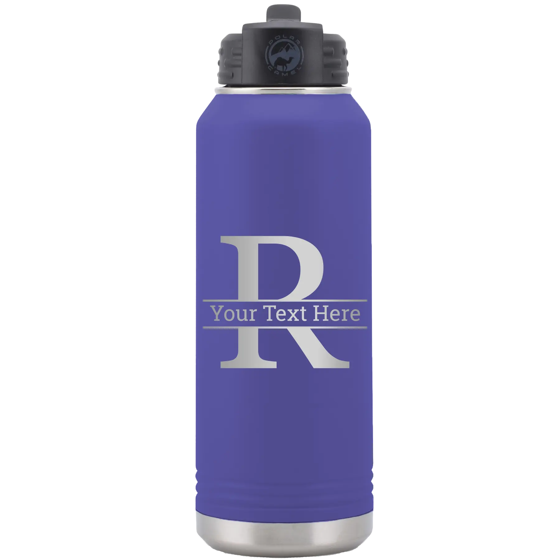 Personalized purple 32 oz vacuum insulated water bottle with 'Monogram letter R' design