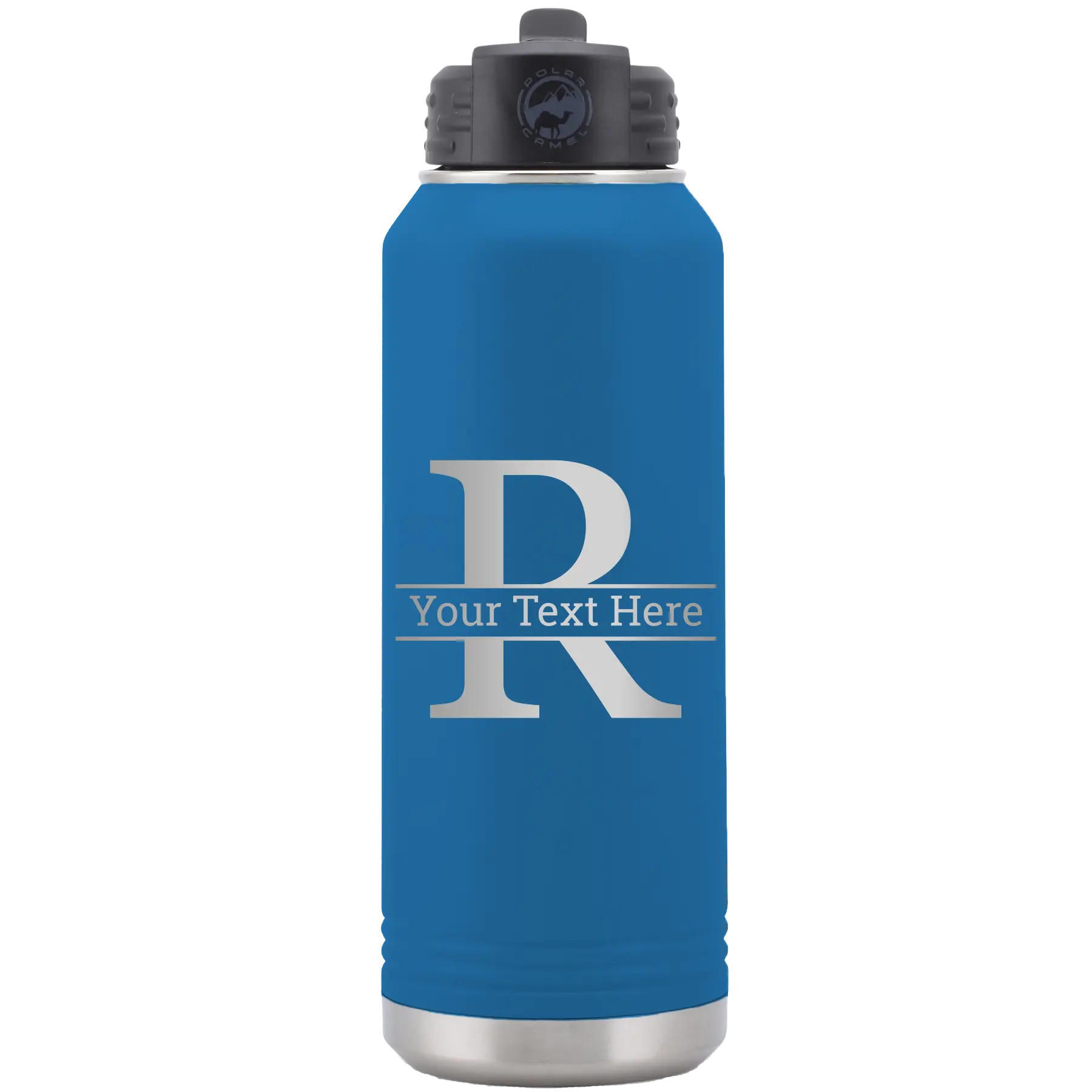 Personalized royal blue 32 oz vacuum insulated water bottle with 'Monogram letter R' design
