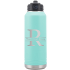 Personalized teal 32 oz vacuum insulated water bottle with 'Monogram letter R' design