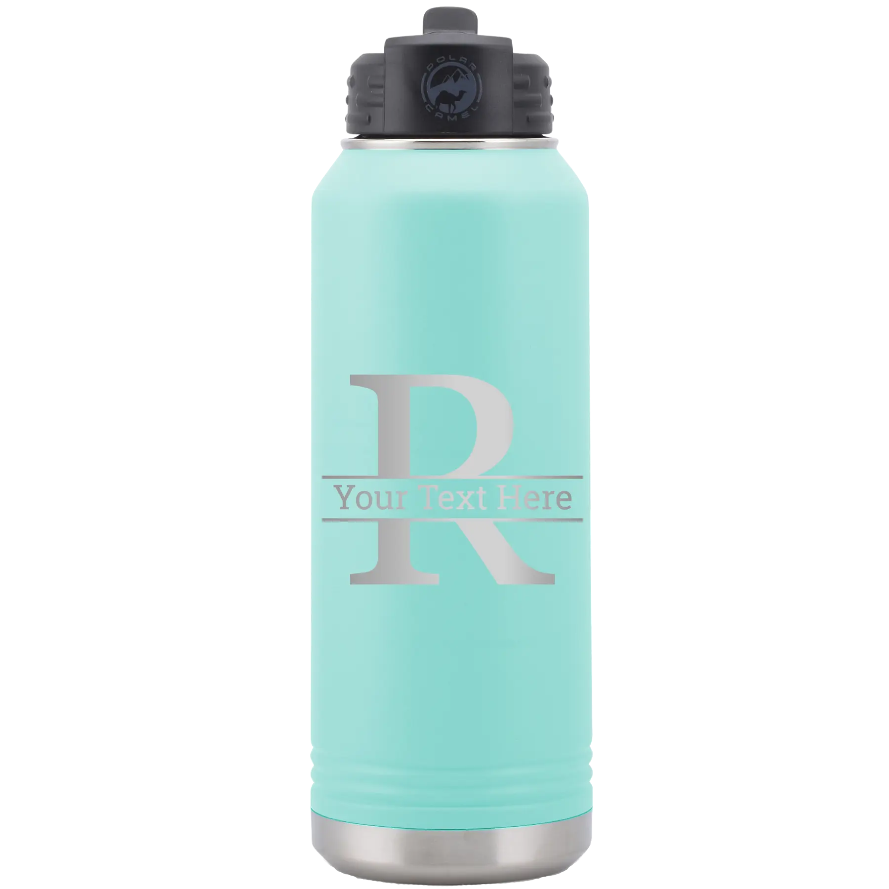 Personalized teal 32 oz vacuum insulated water bottle with 'Monogram letter R' design