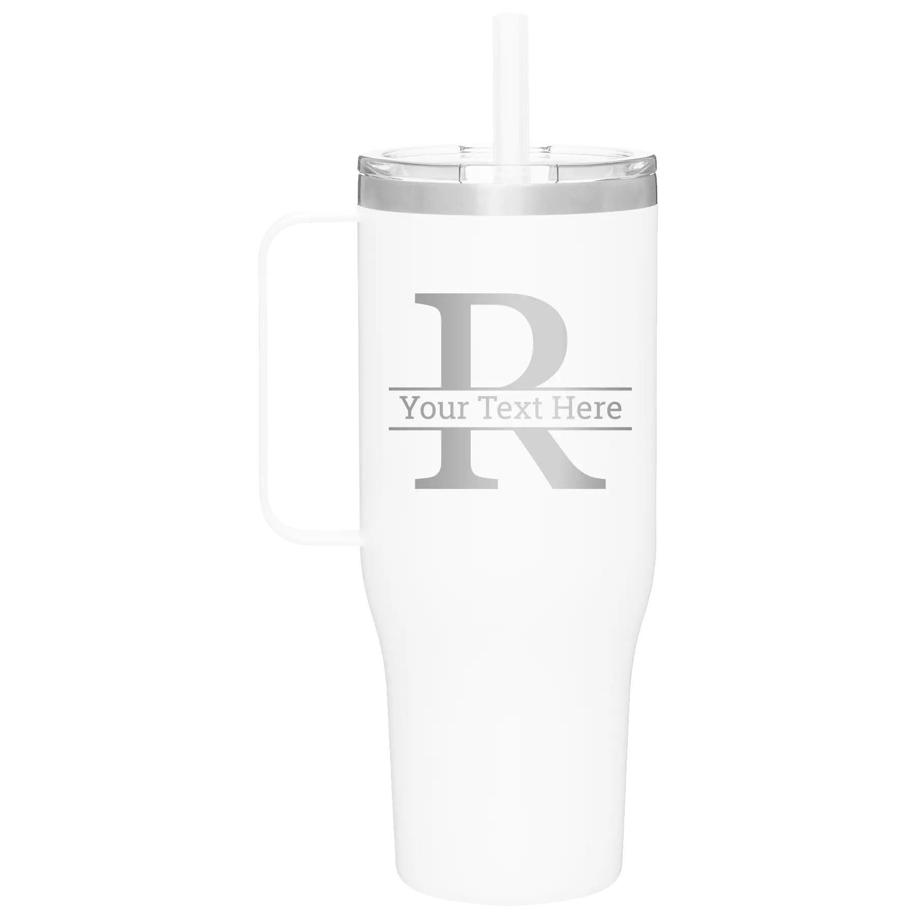Personalized white 40 oz vacuum insulated tumbler mug with 'Monogram letter R' design