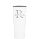 Personalized white 20 oz vacuum insulated tumbler with 'Monogram letter R' design