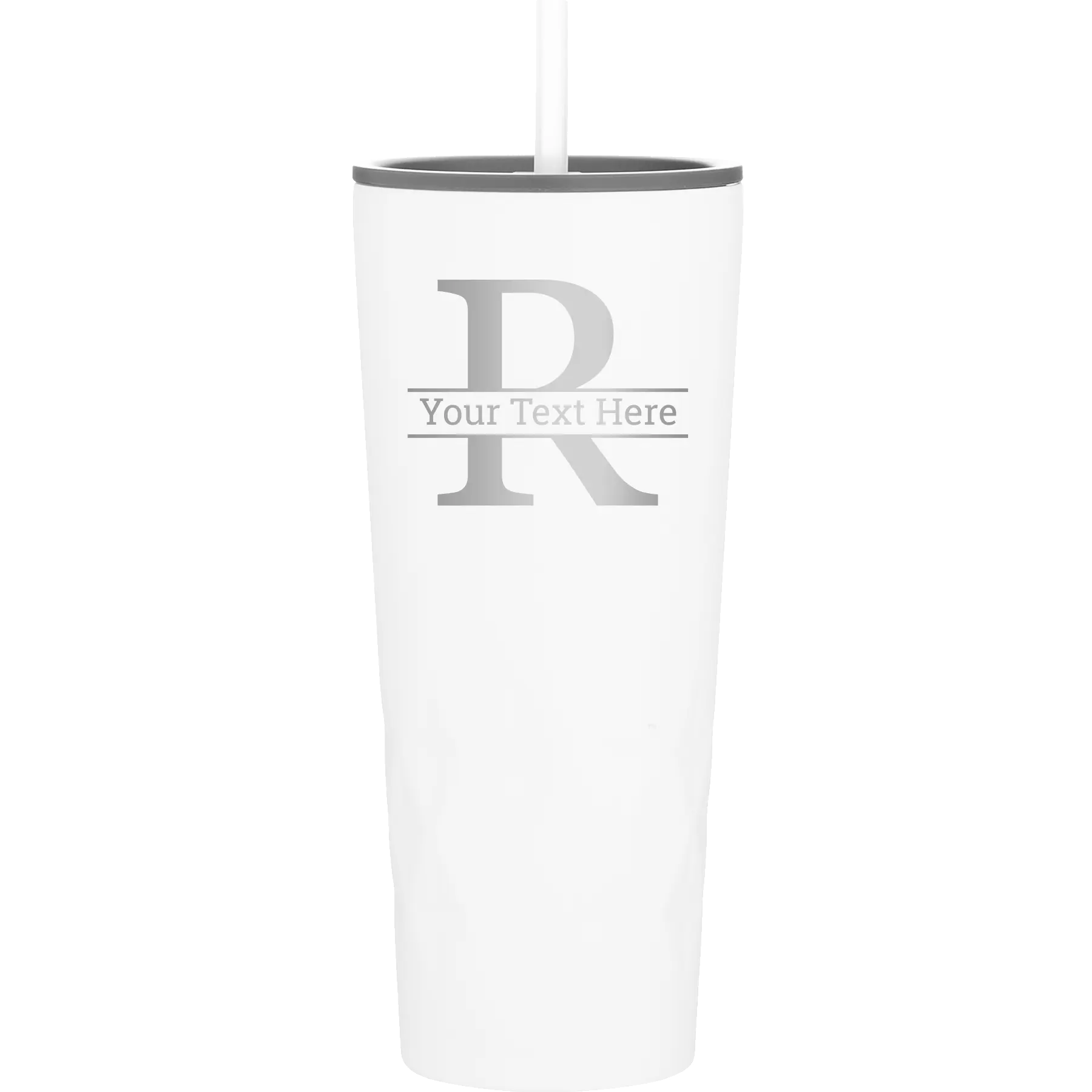 Personalized white 20 oz vacuum insulated tumbler with 'Monogram letter R' design