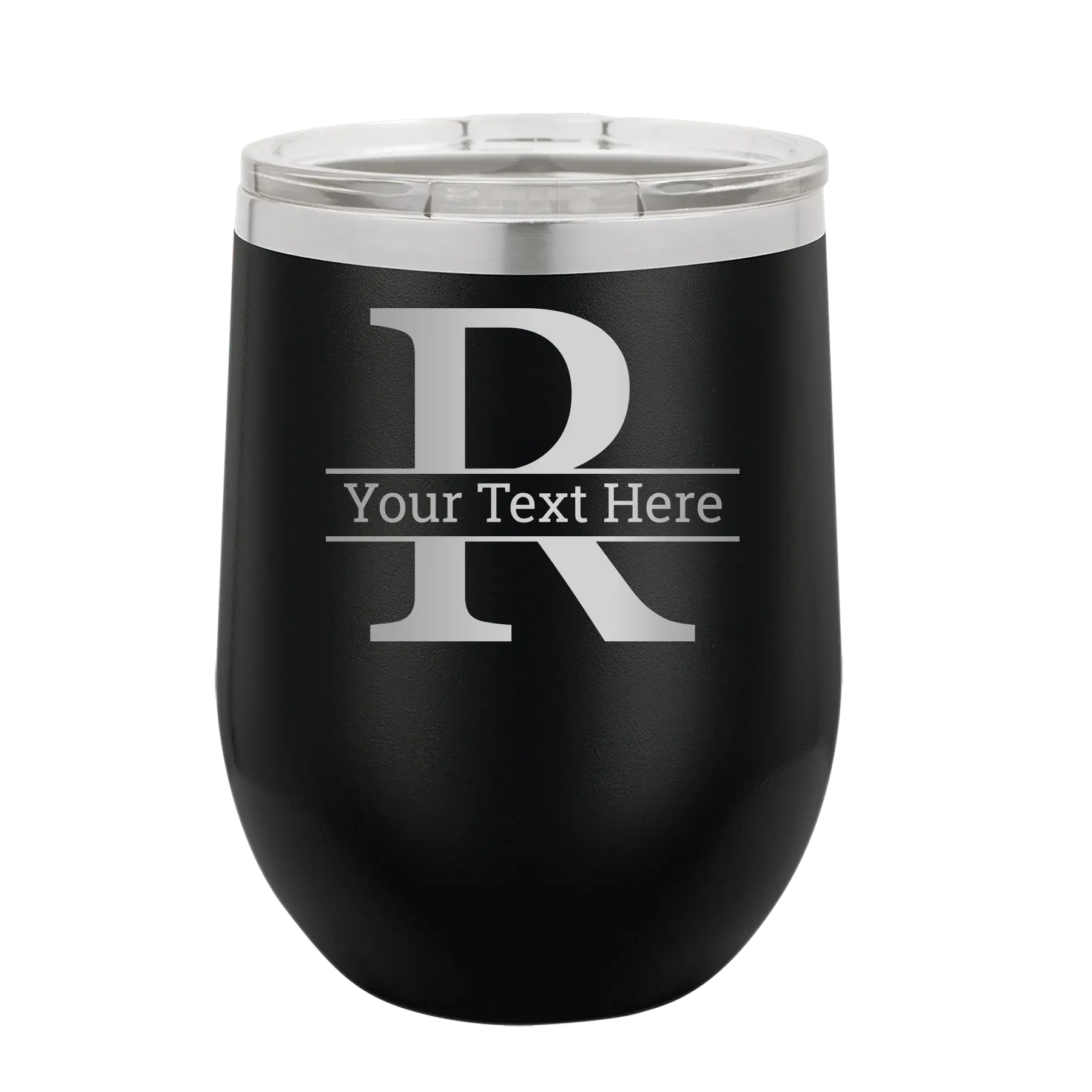 Personalized black 12 oz vacuum insulated wine cup with 'Monogram letter R' design