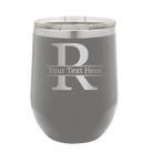 Personalized dark gray 12 oz vacuum insulated wine cup with 'Monogram letter R' design