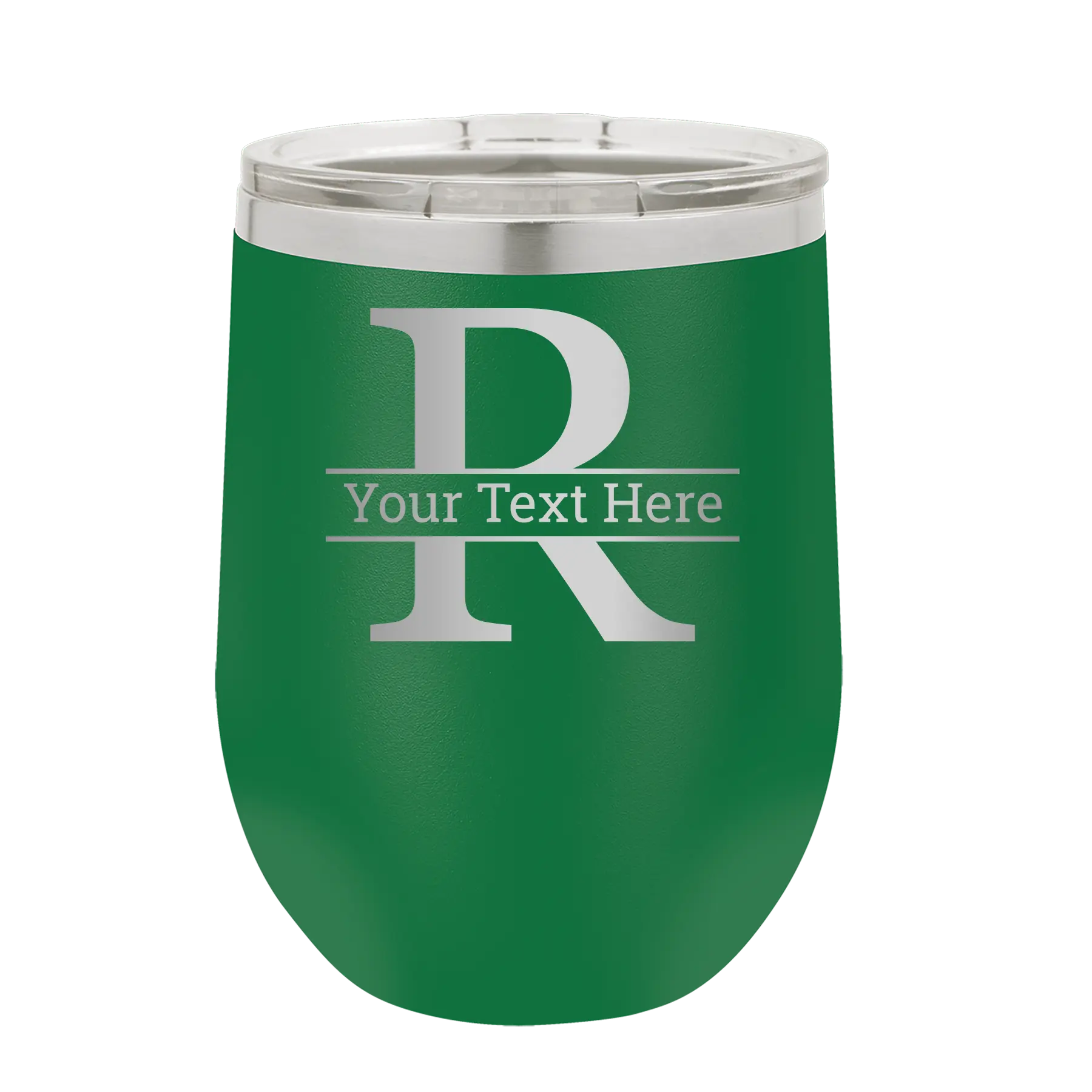 Personalized green 12 oz vacuum insulated wine cup with 'Monogram letter R' design
