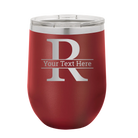 Personalized maroon 12 oz vacuum insulated wine cup with 'Monogram letter R' design