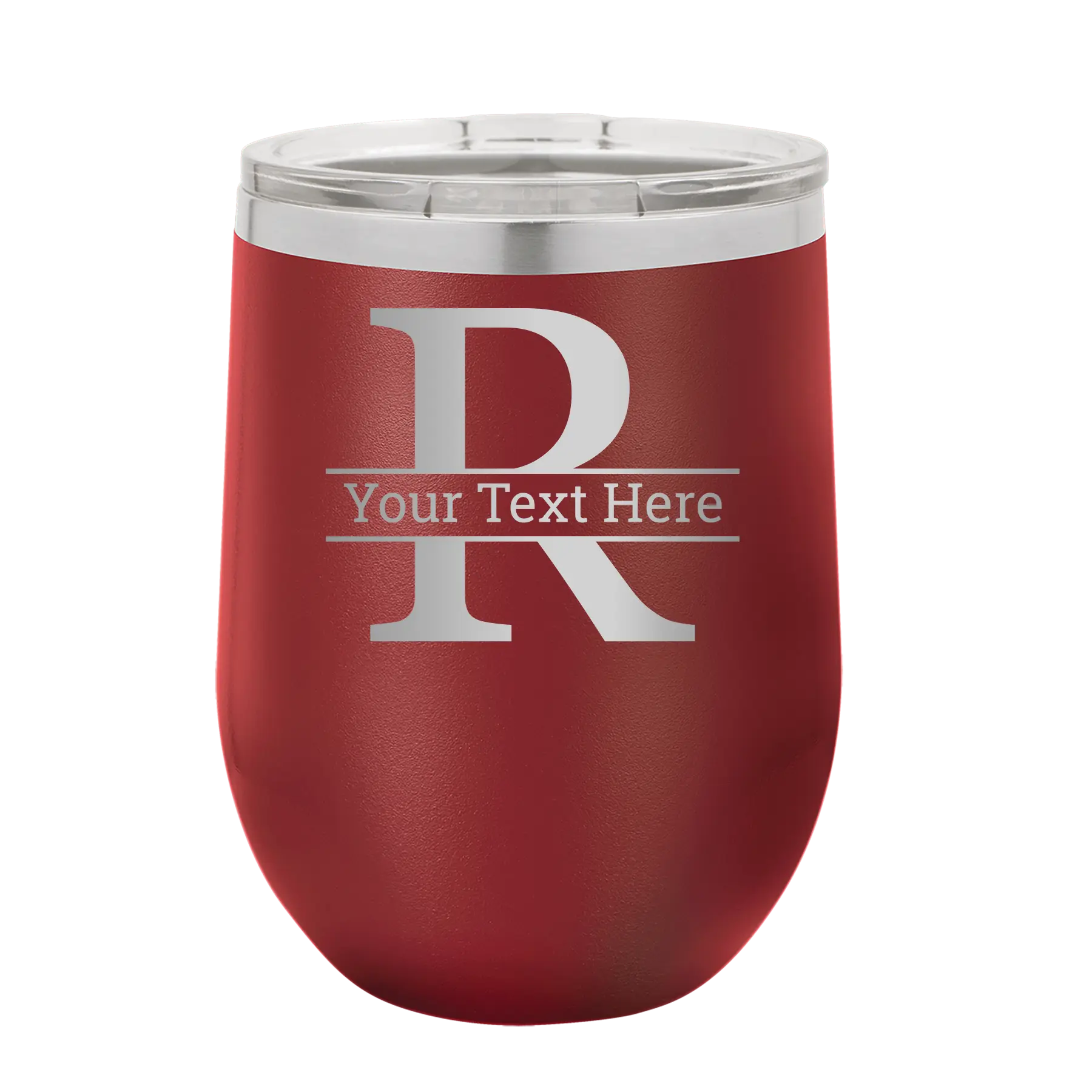 Personalized maroon 12 oz vacuum insulated wine cup with 'Monogram letter R' design