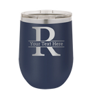 Personalized navy 12 oz vacuum insulated wine cup with 'Monogram letter R' design