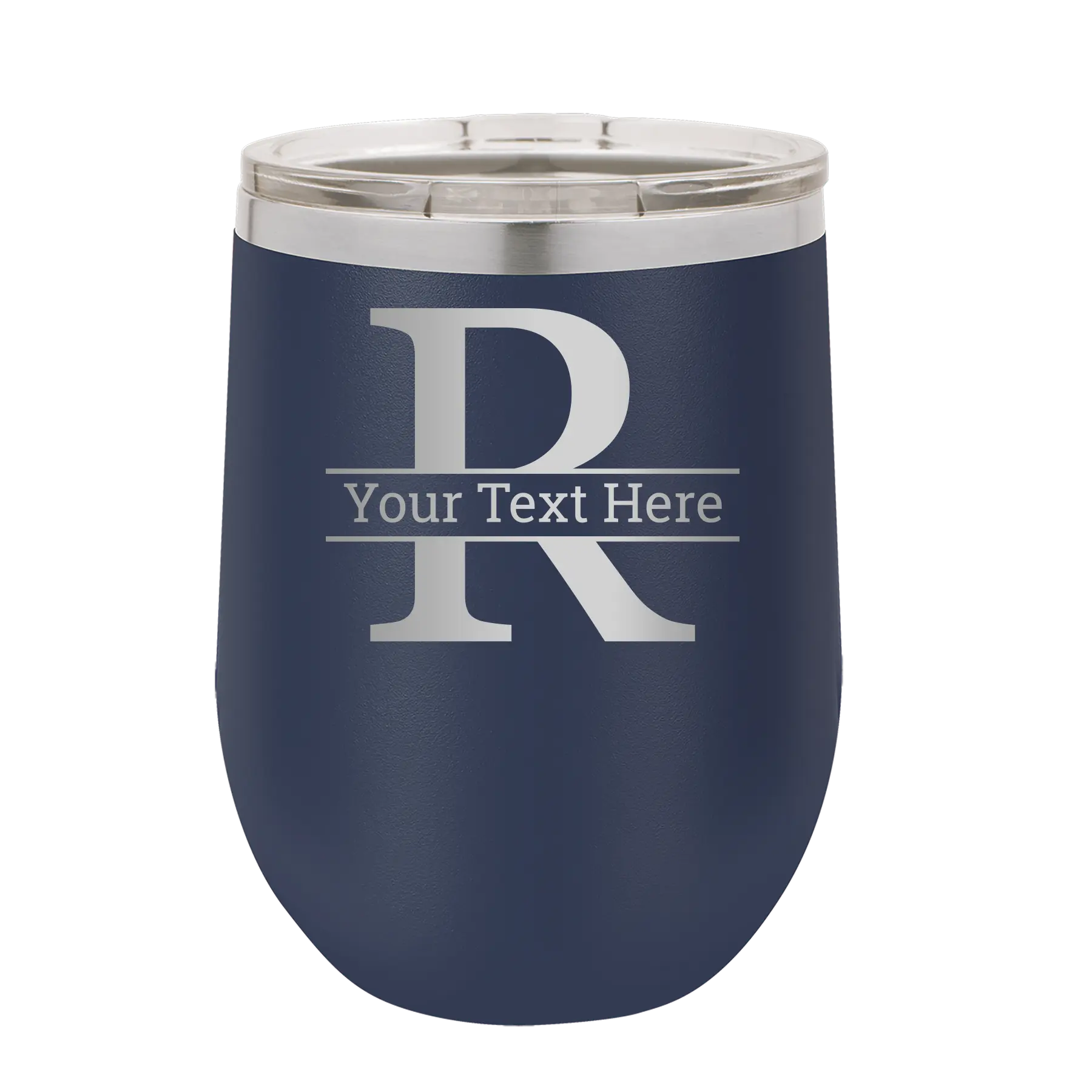 Personalized navy 12 oz vacuum insulated wine cup with 'Monogram letter R' design