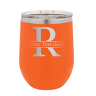 Personalized orange 12 oz vacuum insulated wine cup with 'Monogram letter R' design