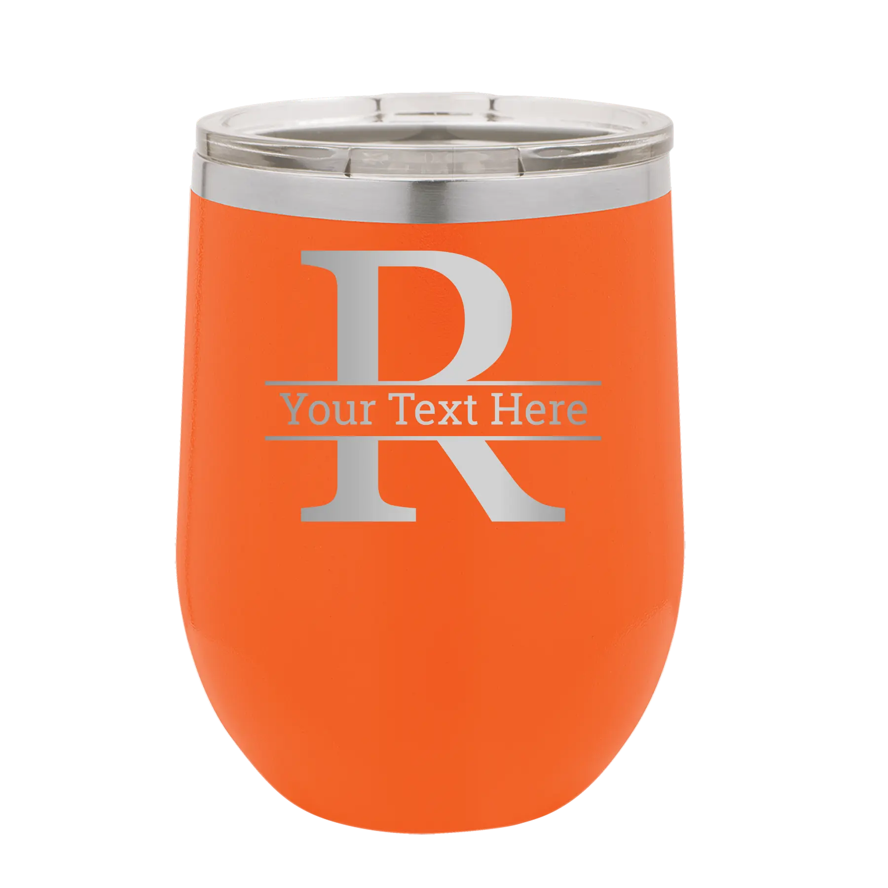 Personalized orange 12 oz vacuum insulated wine cup with 'Monogram letter R' design