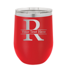Personalized red 12 oz vacuum insulated wine cup with 'Monogram letter R' design