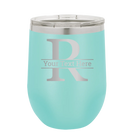 Personalized teal 12 oz vacuum insulated wine cup with 'Monogram letter R' design