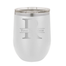 Personalized white 12 oz vacuum insulated wine cup with 'Monogram letter R' design