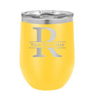 Personalized yellow 12 oz vacuum insulated wine cup with 'Monogram letter R' design