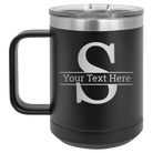 Personalized black 15 oz vacuum insulated coffee mug with 'Monogram letter S' design