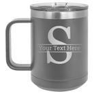 Personalized dark gray 15 oz vacuum insulated coffee mug with 'Monogram letter S' design