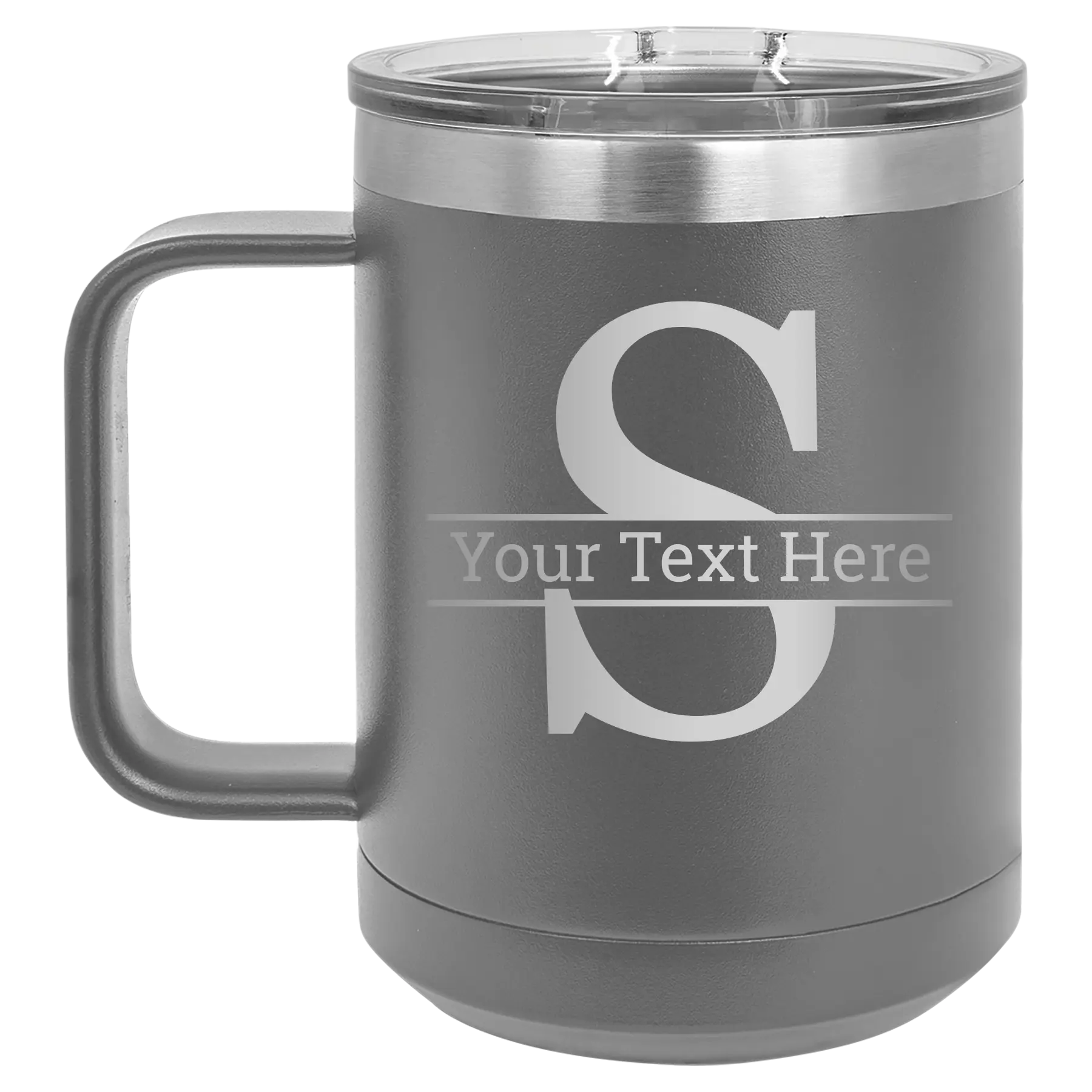 Personalized dark gray 15 oz vacuum insulated coffee mug with 'Monogram letter S' design