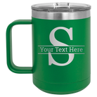 Personalized green 15 oz vacuum insulated coffee mug with 'Monogram letter S' design