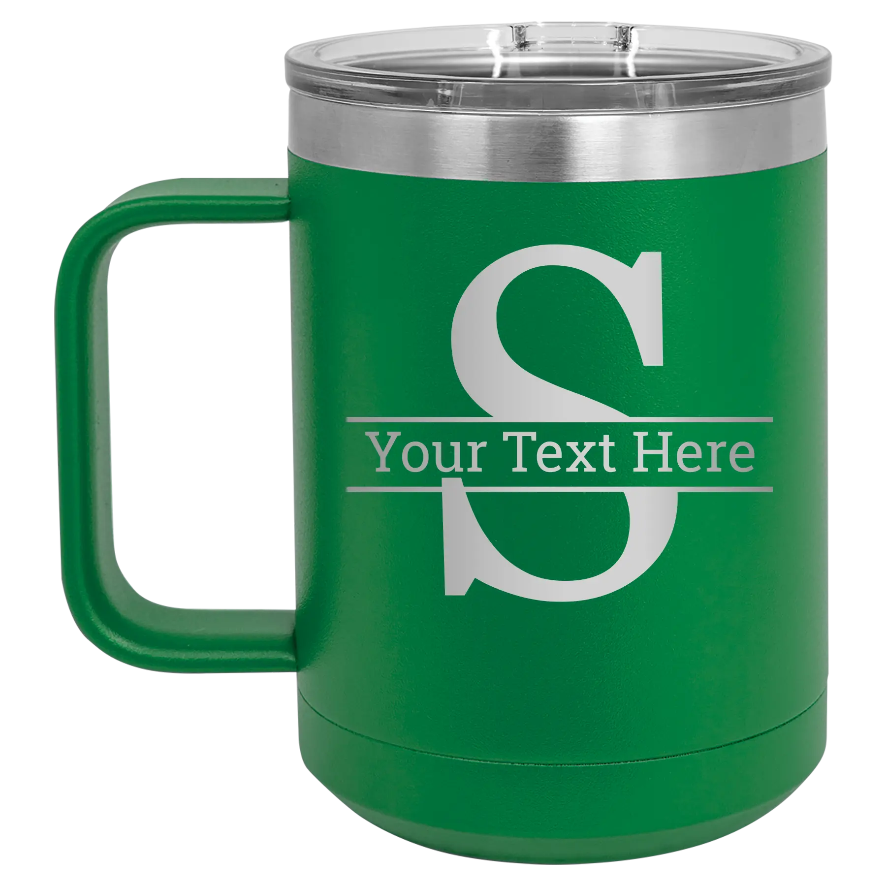 Personalized green 15 oz vacuum insulated coffee mug with 'Monogram letter S' design