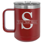 Personalized maroon 15 oz vacuum insulated coffee mug with 'Monogram letter S' design