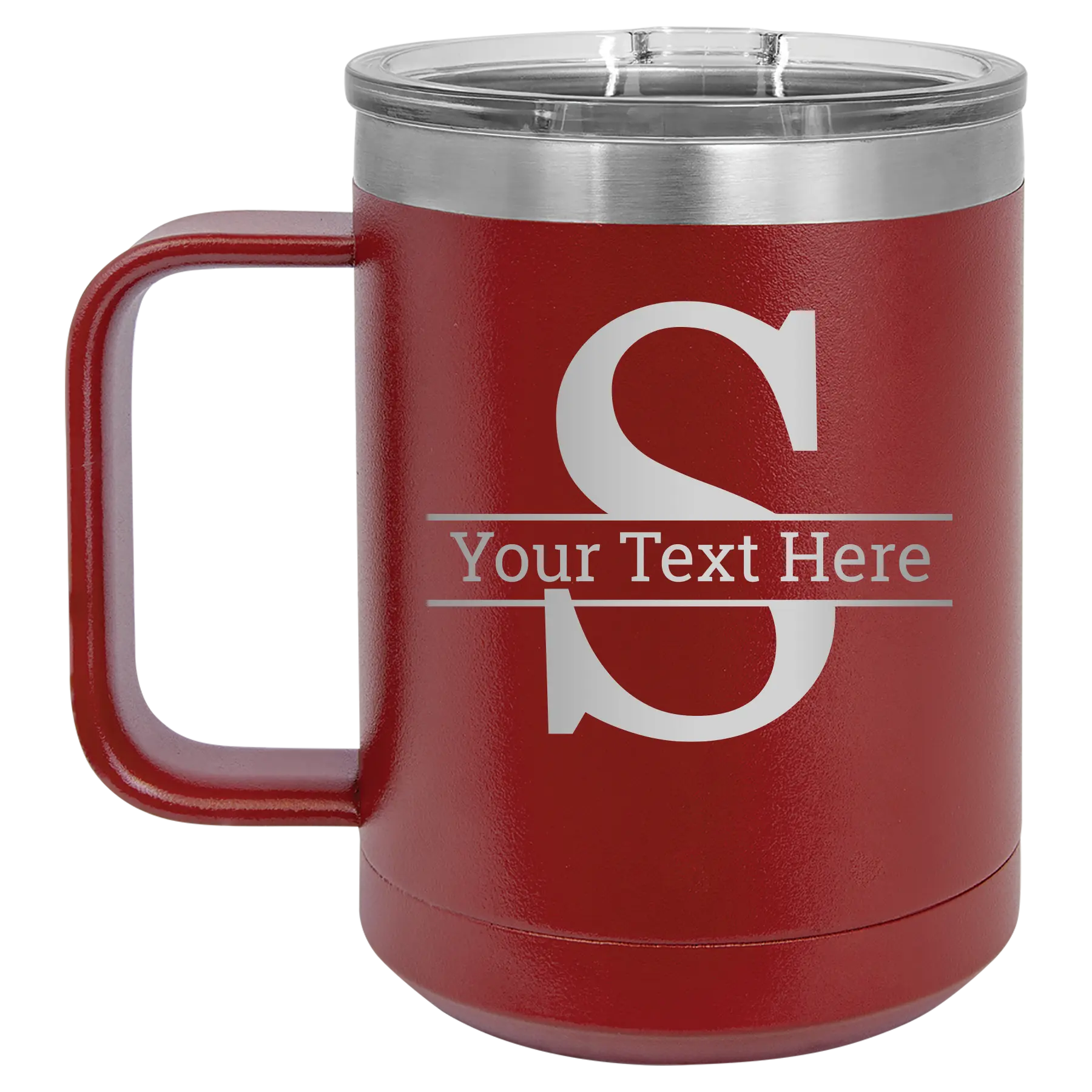 Personalized maroon 15 oz vacuum insulated coffee mug with 'Monogram letter S' design