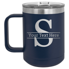 Personalized navy 15 oz vacuum insulated coffee mug with 'Monogram letter S' design