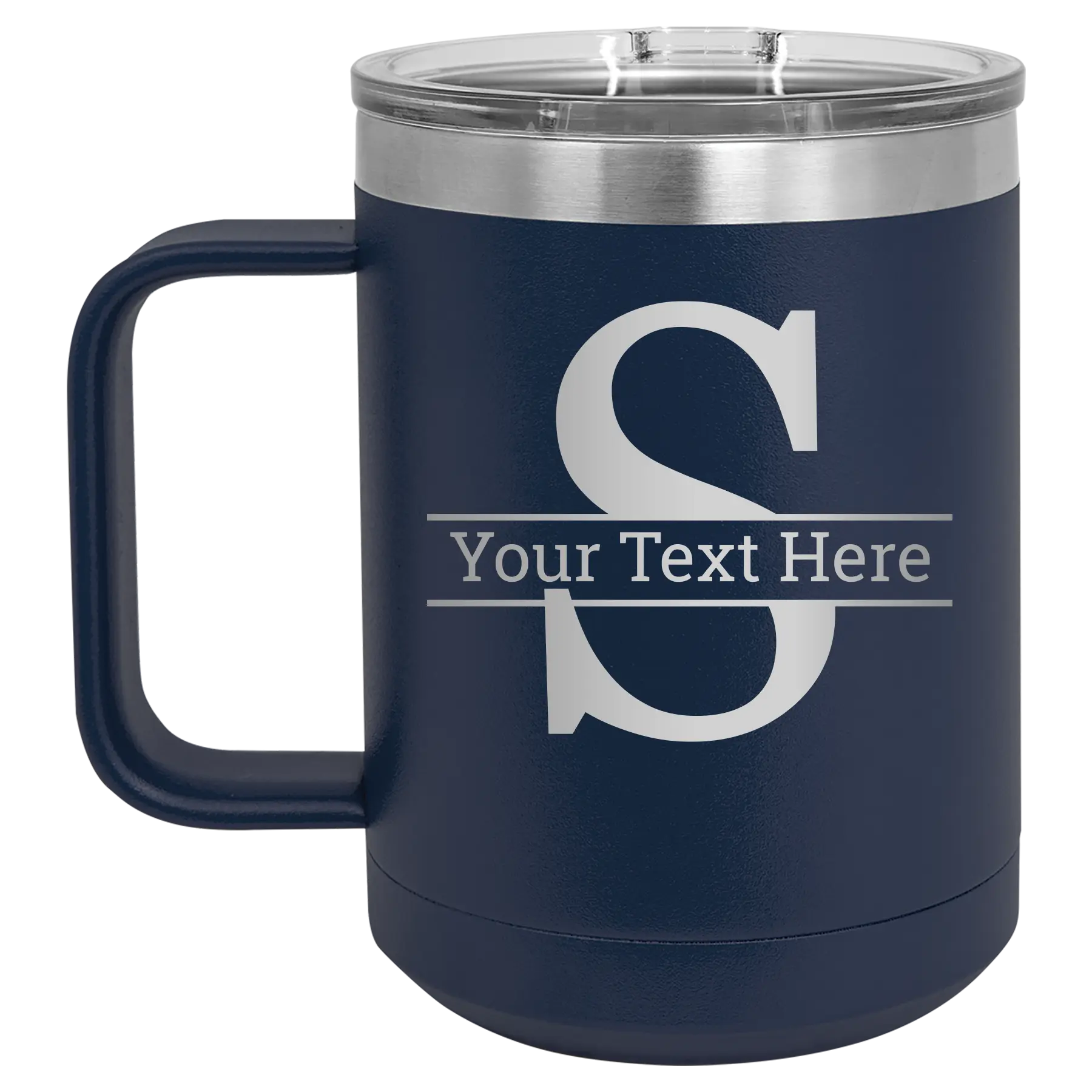 Personalized navy 15 oz vacuum insulated coffee mug with 'Monogram letter S' design