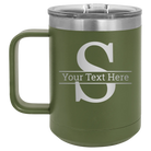 Personalized olive green 15 oz vacuum insulated coffee mug with 'Monogram letter S' design