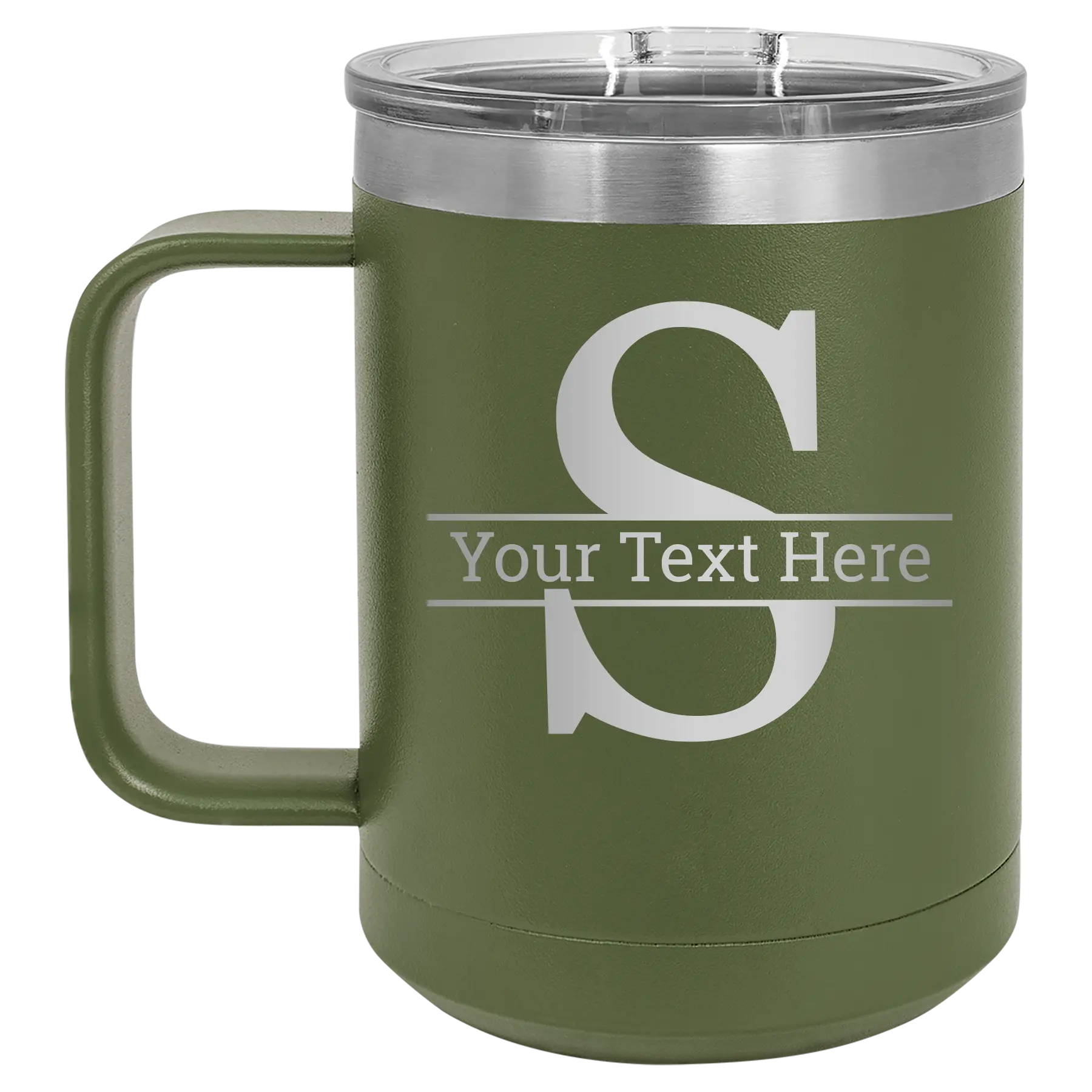 Personalized olive green 15 oz vacuum insulated coffee mug with 'Monogram letter S' design
