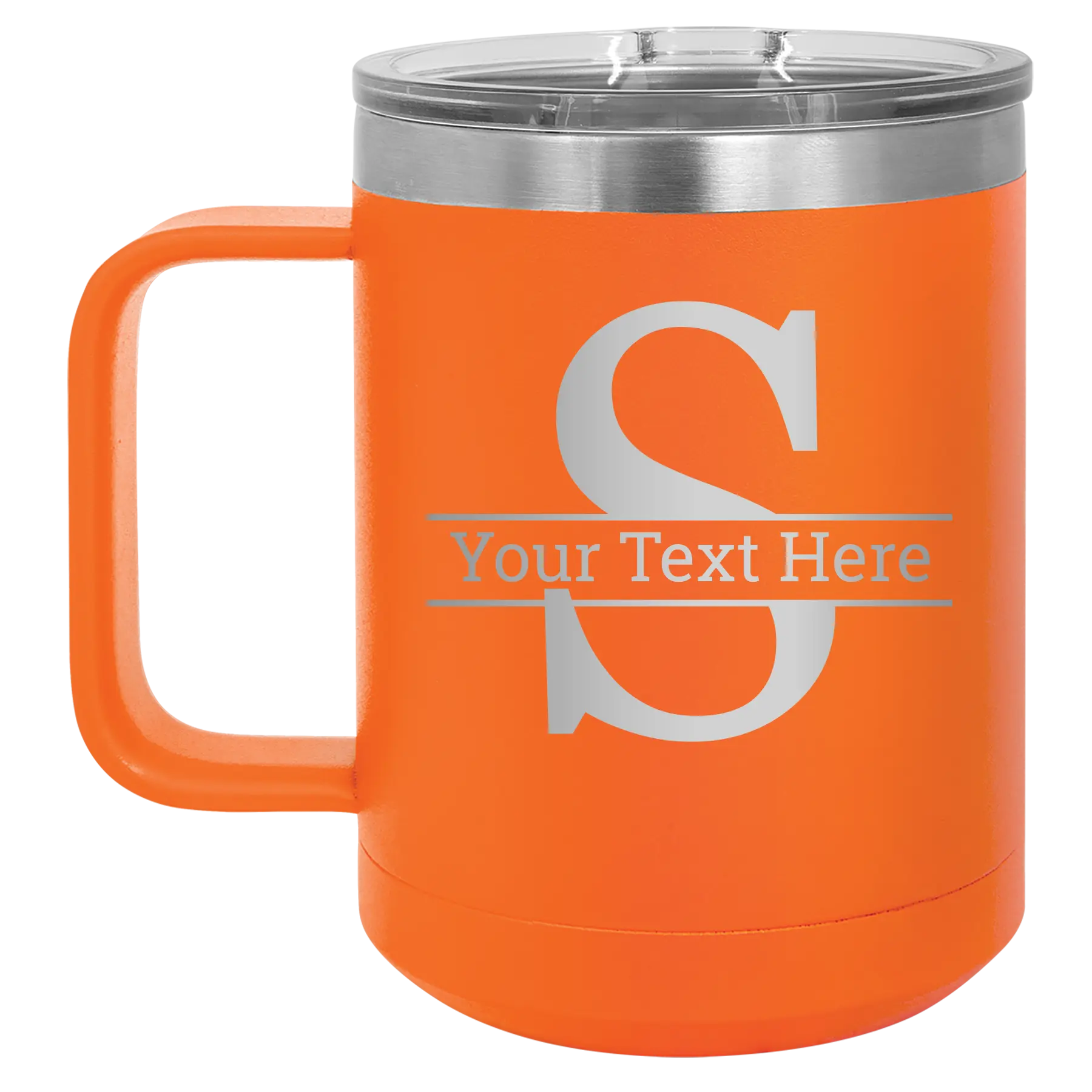 Personalized orange 15 oz vacuum insulated coffee mug with 'Monogram letter S' design