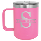 Personalized pink 15 oz vacuum insulated coffee mug with 'Monogram letter S' design