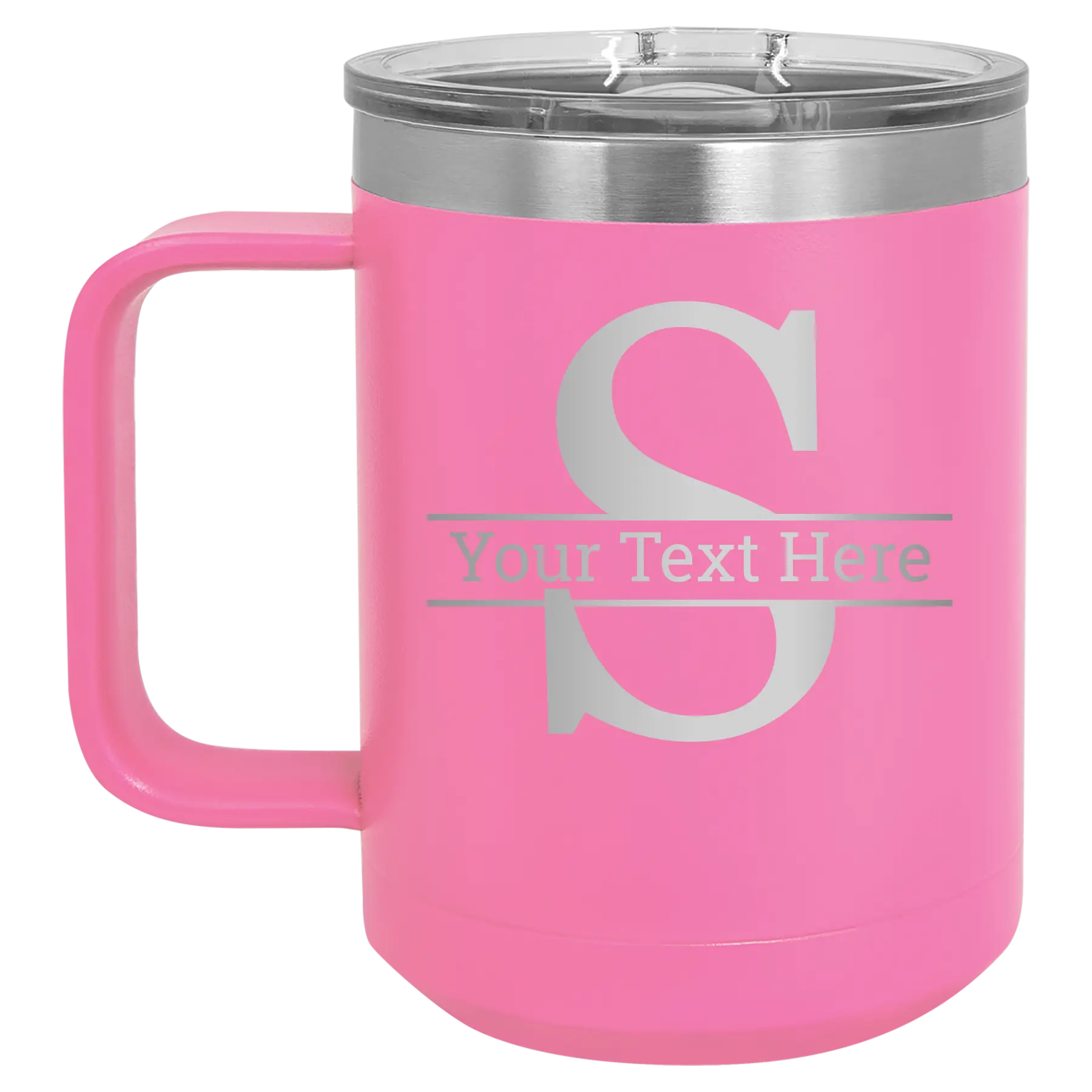 Personalized pink 15 oz vacuum insulated coffee mug with 'Monogram letter S' design