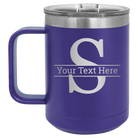 Personalized purple 15 oz vacuum insulated coffee mug with 'Monogram letter S' design