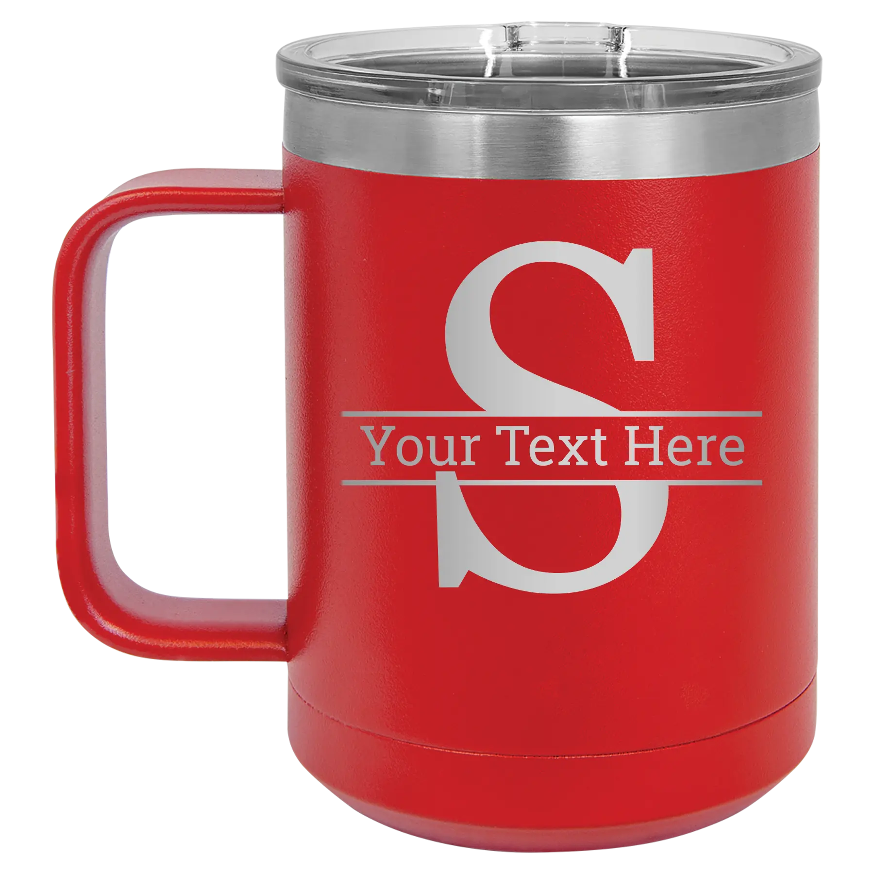 Personalized red 15 oz vacuum insulated coffee mug with 'Monogram letter S' design