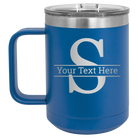 Personalized royal blue 15 oz vacuum insulated coffee mug with 'Monogram letter S' design