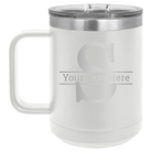 Personalized white 15 oz vacuum insulated coffee mug with 'Monogram letter S' design