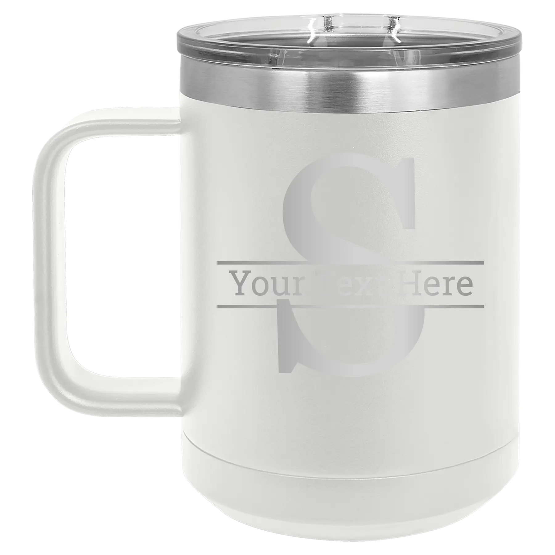 Personalized white 15 oz vacuum insulated coffee mug with 'Monogram letter S' design