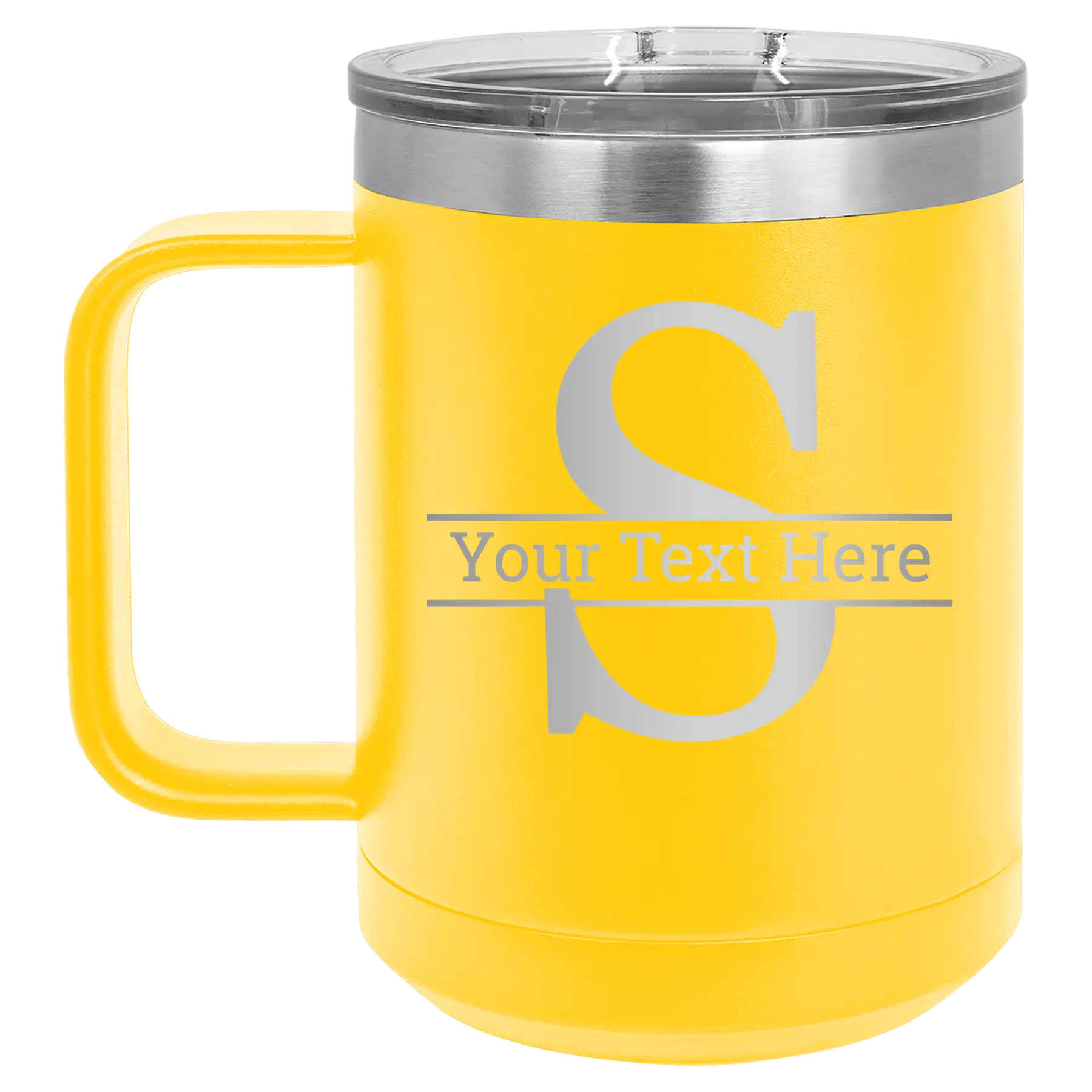 Personalized yellow 15 oz vacuum insulated coffee mug with 'Monogram letter S' design