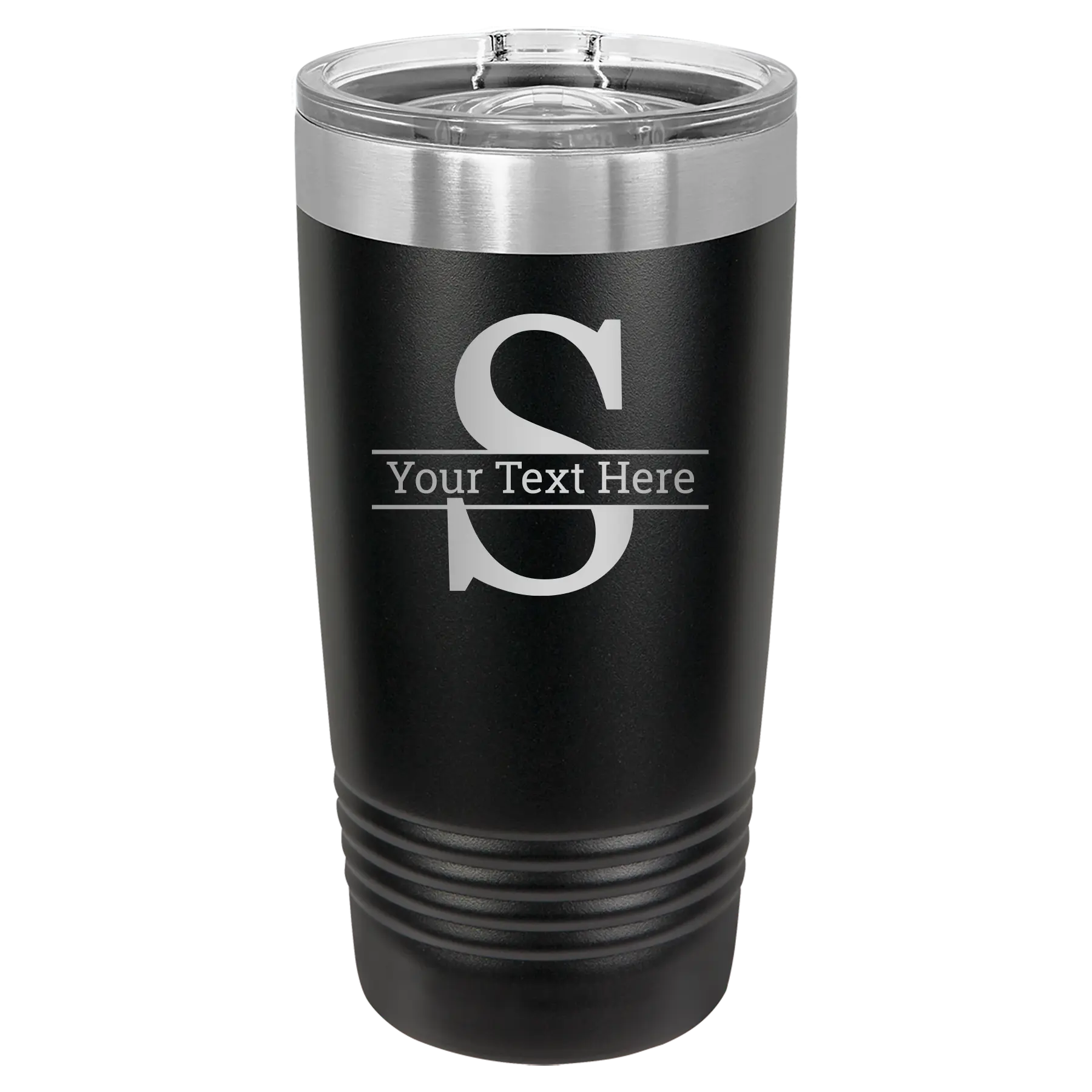 Personalized black 20 oz vacuum insulated tumbler with 'Monogram letter S' design