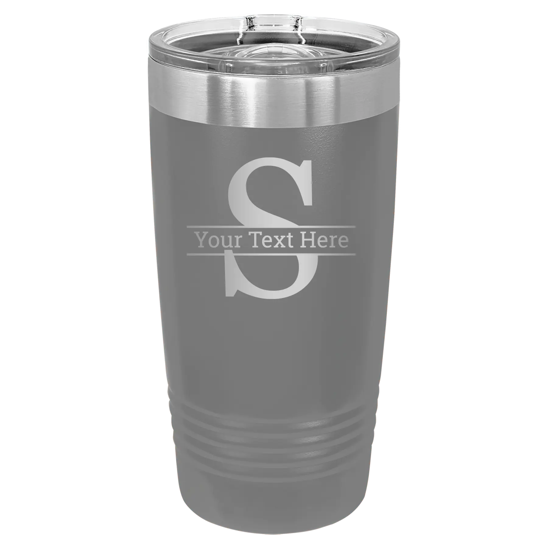 Personalized dark gray 20 oz vacuum insulated tumbler with 'Monogram letter S' design