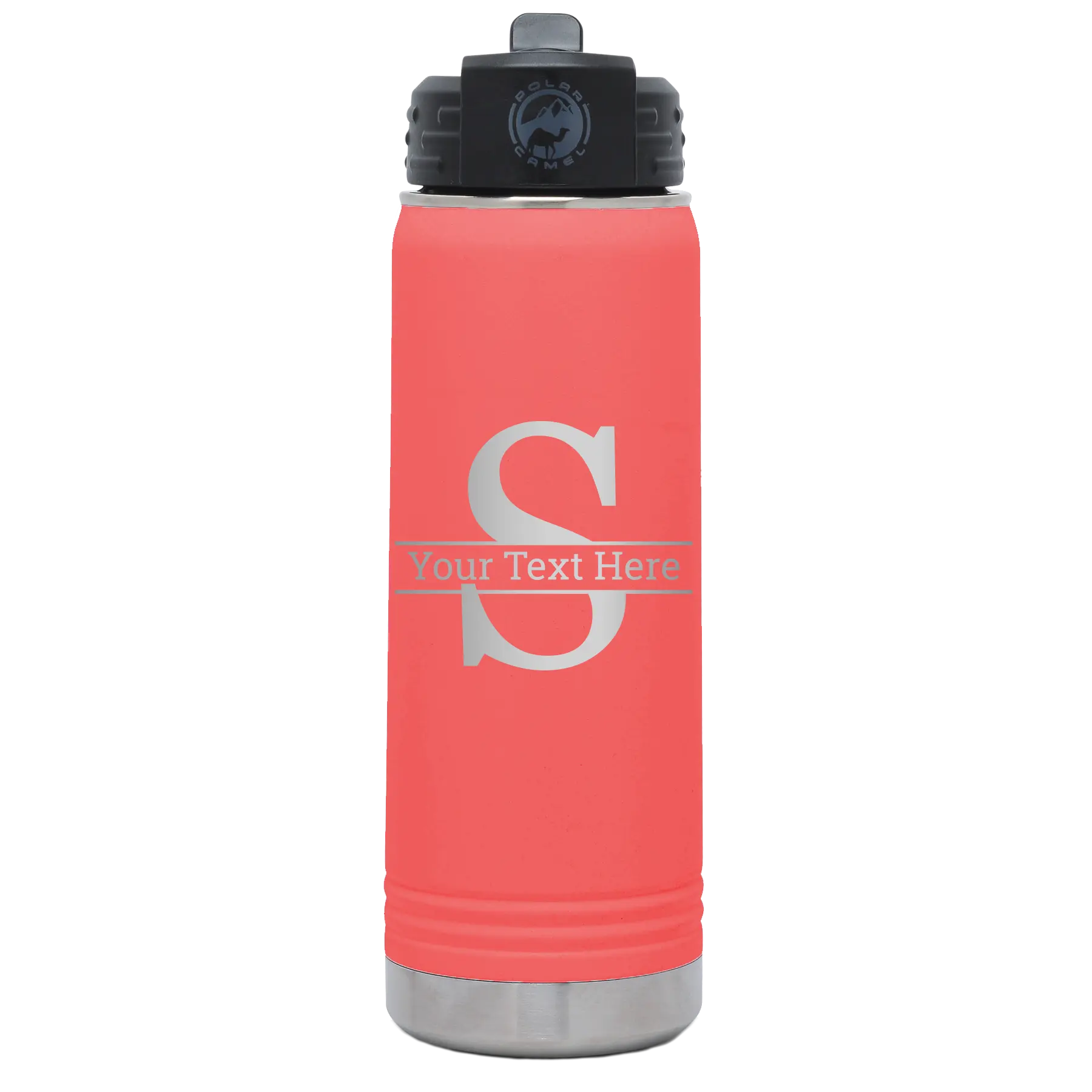 Personalized coral 20 oz vacuum insulated water bottle with 'Monogram letter S' design