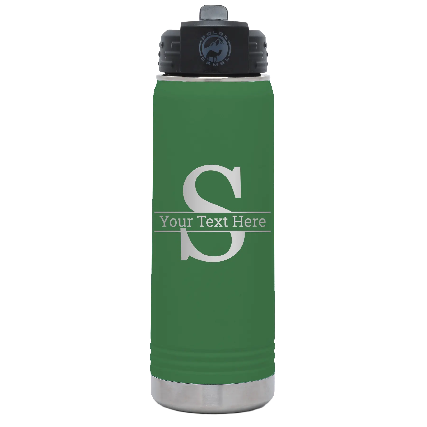 Personalized green 20 oz vacuum insulated water bottle with 'Monogram letter S' design
