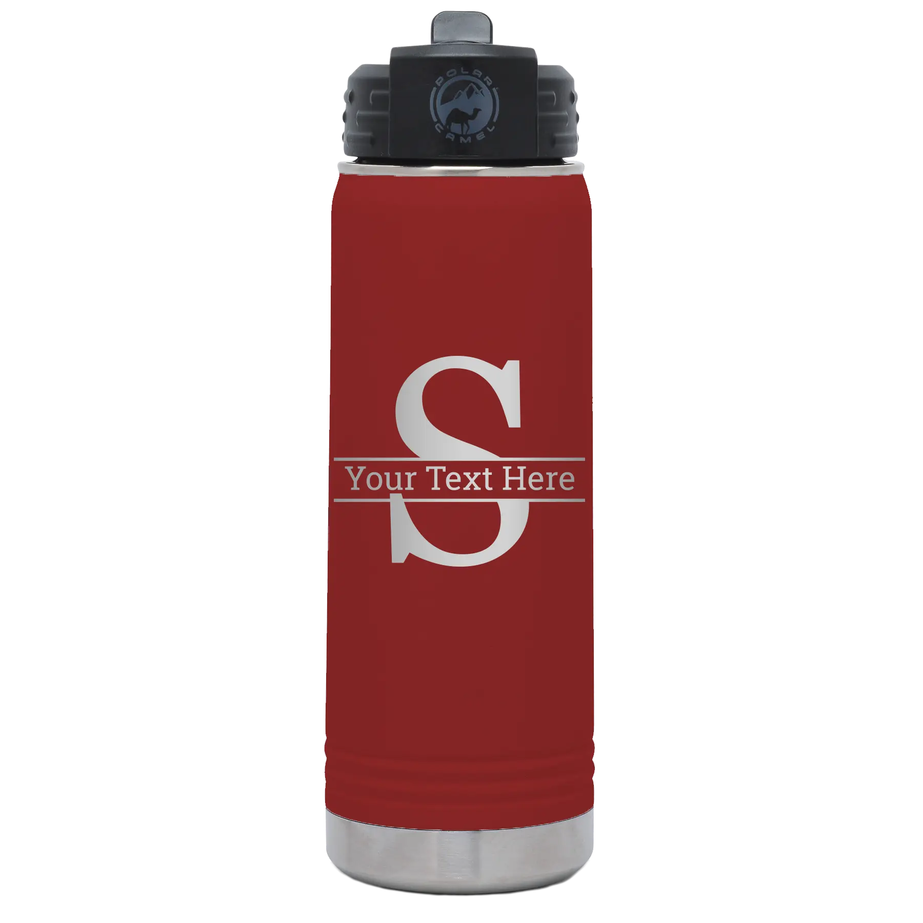 Personalized maroon 20 oz vacuum insulated water bottle with 'Monogram letter S' design