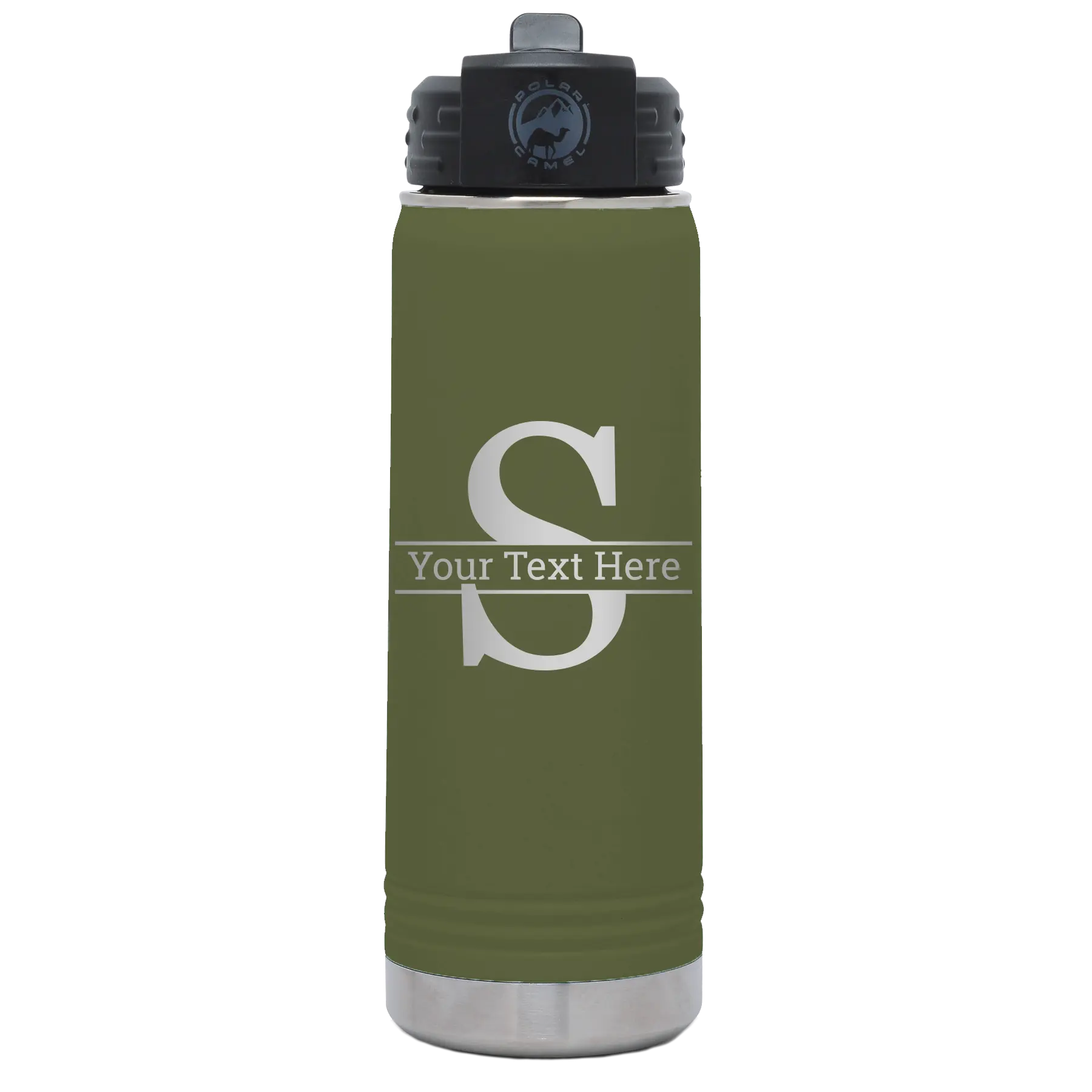 Personalized olive green 20 oz vacuum insulated water bottle with 'Monogram letter S' design